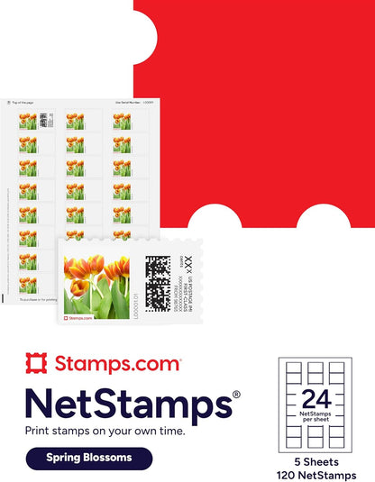 Spring Blossoms NetStamps 120-Pack (5 Sheets) Printable Postage Labels (Stamps.com Subscription Required) - Print Approved Postage - Inkjet & Laser Printers - Business, Personal, Home