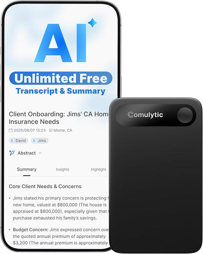 Comulytic Note Pro AI Voice Recorder, Unlimited Transcribe & Summarize, One Tap Recording Device with AI Note Taking, Support 113 Languages, 64GB, Audio Recorder for Calls, Meetings, Lectures, Black
