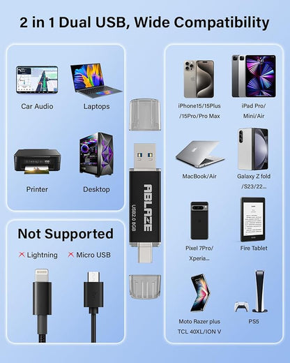 ABLAZE 8GB Type C Flash Drive 10 Pack, Dual USB 2.0+USB C Memory Stick Thumb Drive Compatible with iPhone 16/15, Android Smartphone, Computers, Tablets, Mac,iPad,PC