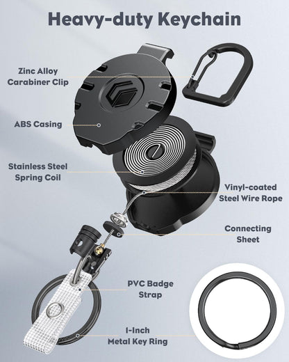 Uniclife 5 Pack Retractable Keychain Heavy Duty Carabiner Badge Holder Tactical ID Badge Reel for up to 8 oz with Stainless Steel 31.5 Inch Steel Wire Rope Retractable Lanyard Clip and Key Ring