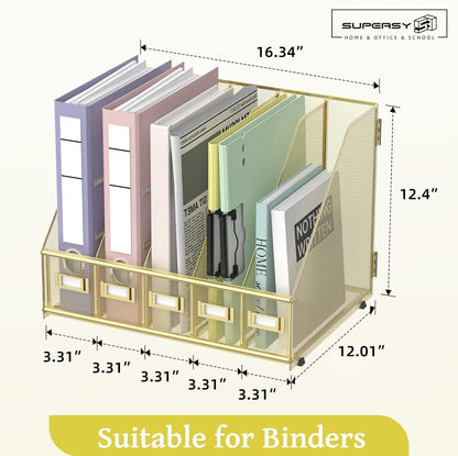 SUPEASY Desk Organizers Metal Desk Magazine File Holder with 5 Vertical Compartments Rack File Organizer for Office Desktop, Home Workspace, Gold Plus