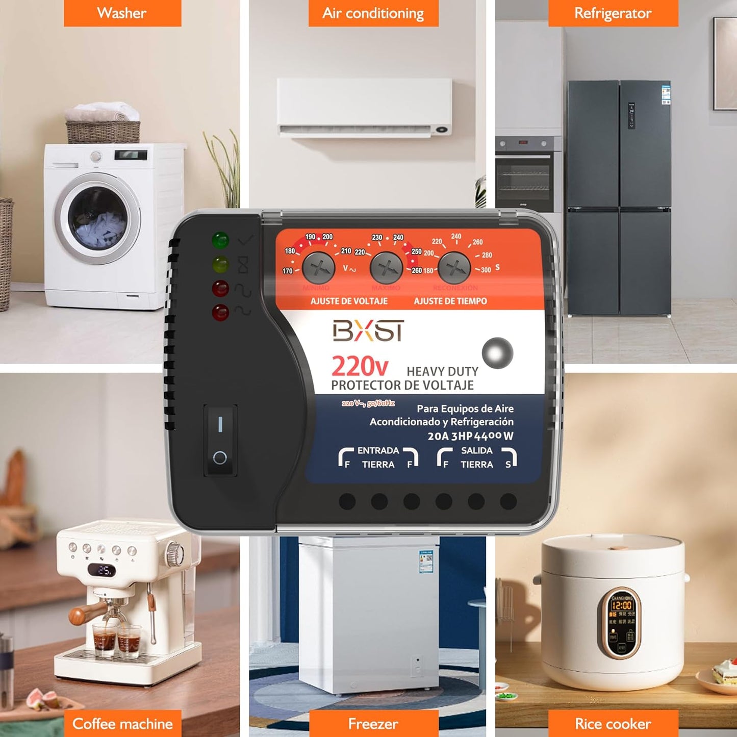 BXST Wiring Voltage and Brownout Surge Protector for Refrigerator TV 4400W Appliance AIR Conditioning Inverter Mini Split Adjustable Over/Under and Delay Time Voltage 20A 220V 140J