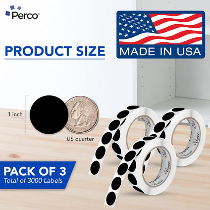 Perco Black 1-Inch Round Circle Dot Sticker Labels - Multi-Roll Pack (3 Rolls, 1,000 Labels Each) - Permanent Adhesive, Vibrant Colors, Strong Hold - Perforated for Easy Use - Made in USA