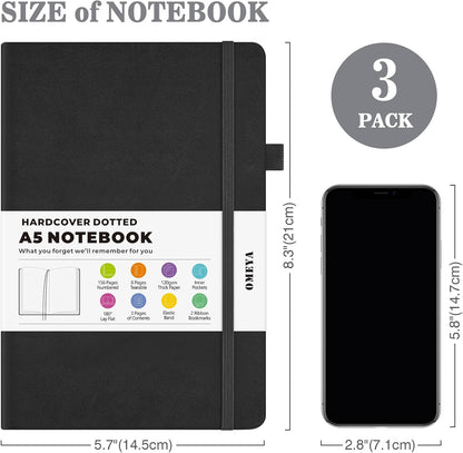 OMEYA Dotted Journal Notebook 3 Pack, A5 Hardcover Notebook with 120gsm Thick Dotted Paper, Leather Journals for Women, Men, Dot Grid Notebook Journal for Writing, Notebooks for Work, 5.75" × 8.38"