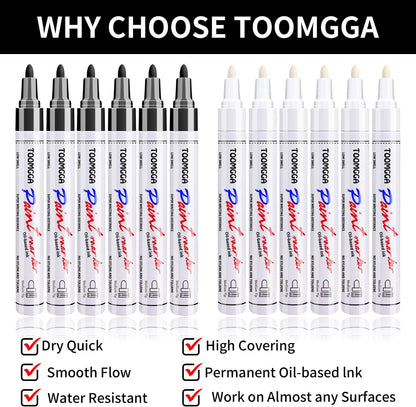 White and Black Permanent Markers Paint Pens - 12 Pack Oil Based Paint Markers, Medium Tip, Quick Drying Pens for Wood, Metal, Rock Painting, Mugs, Canvas, Clothes, Plastic Marking