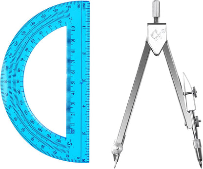 Students Geometry Math Set, Drawing Compass and 6 Inch Transparent Swing arm Protractor 180 Degree Math Protractor (Blue)