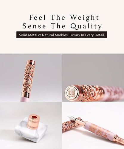 Luxury Fountain Pen Set With Stand - Museum Art Collections - Crafting Timeless Beauty - the Best Gift & Office Desk Decor, German SCHMIDT Fine Nib, Solid Metal & Marble Texture