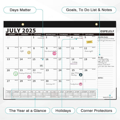 Ospelelf Magnetic Calendar 2025-2026 for Refrigerator, Desk Wall Calendar, July 2025 to December 2026, Monthly Large Planner Pad with Plastic Cover 17" X 12" Black