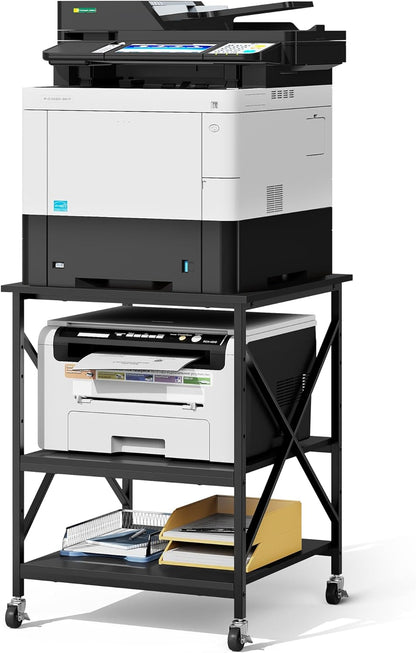 Warmiehomy 24"x24"x30" Large Printer Stand with Storage, 3 Tier Rolling Printer Cart Table, Mini Fridge Stand with Wheels, Use for 3D Laser Printer Home Office, Black