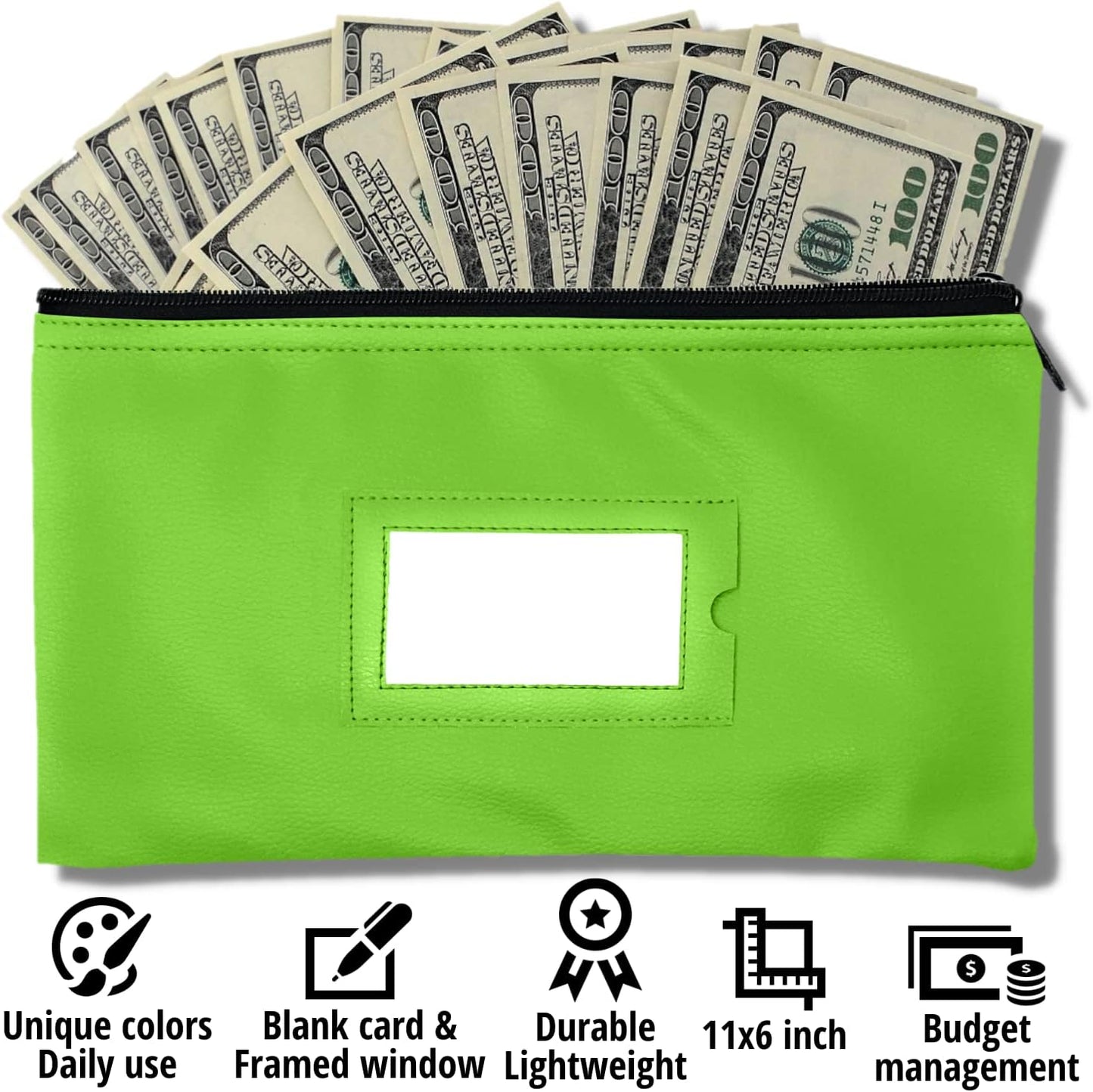 Money Bank Deposit Bag with Zipper | 11x6 inch | Light Green | Durable Leatherette Money Cash Coin Check Wallet Pouch for Men & Women with Framed ID Window and Blank Card | by GIDABRAND (7)
