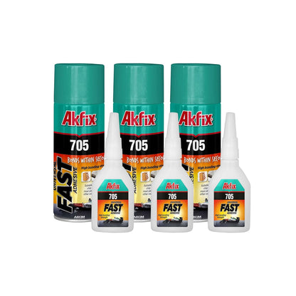 Akfix 705 Fast Adhesive CA Glue (3x0.7 oz.) with Activator (3x3.38 fl.oz.) - Cyanoacrylate Glue, CA Glue with Activator, CA Glue for Woodworking, Crazy Glue for Crafts, Hobbies and DIY- 3 Pack