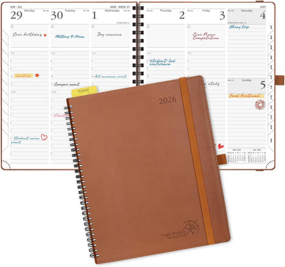 POPRUN 2026 Planner (Large - 8.5" x 10.5") with Hourly Schedule, Vertical Layout - 2026 Weekly Calendar (Jan. 2026 - Dec.2026) for Time Management, Monthly Tabs, Spiral Bound, Soft Cover - Brown