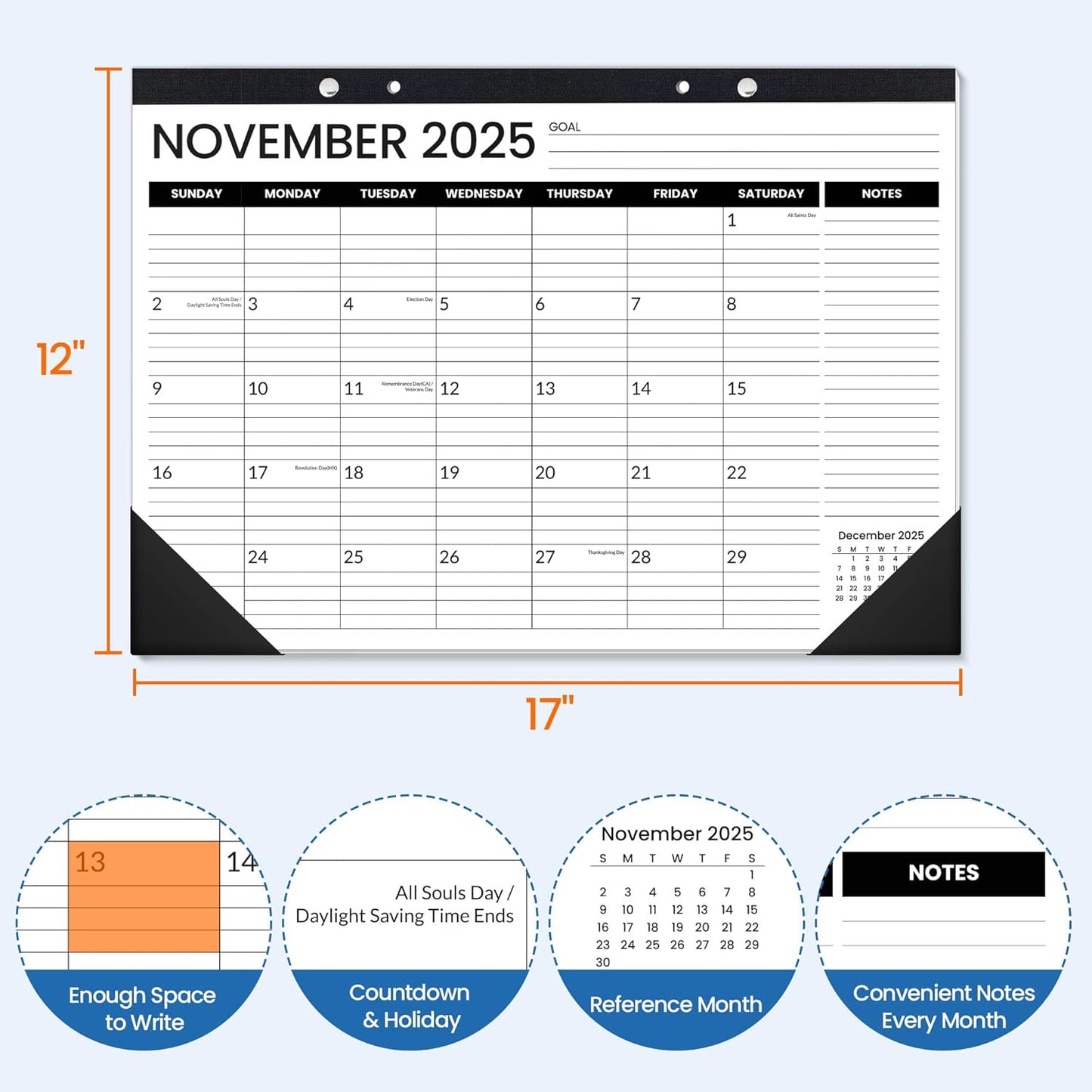 SUNEE Desk Calendar 2025-2026 3 Packs - 18 Month Calendar Oct 2025 - Mar 2027, 17" x 12" Desktop Calendar with Notes, for Planning, Organizing in Family, School or Office - Black 2026 Calendar
