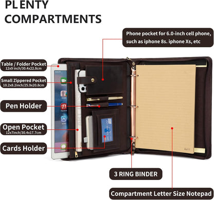 Professional Leather Business Padfolio Portfolio Case, 3 Ring Binder,Zippered Business Document Organizer Tablet Holder Folder Case,with Letter Size Notepad (Dark Brown)