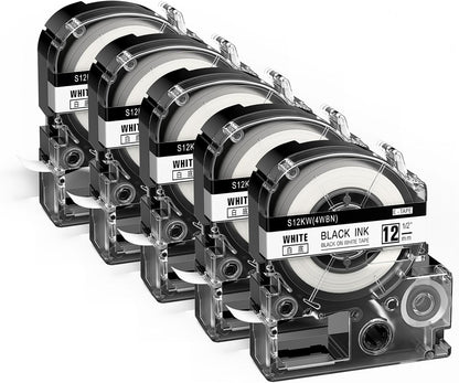 Anycolor Compatible with Epson Label Maker Tape 12mm LK-4WBN LC-4WBN 4WBN9 SS12KW 1/2" Black on White 0.47" Label Tape Work for Epson LabelWorks LW300 LW400 LW500 LW700 LW-K200PX Label Maker, 5-Pack