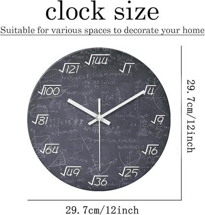 XNM Black Math Clock for Classroom Glass Small Wall Clocks Battery Operated 12 Inch Round Silent Wall Clock Non Ticking