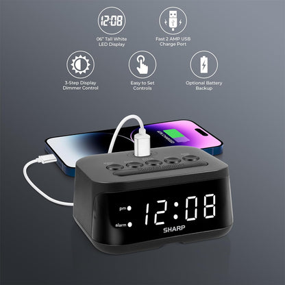 Sharp Digital Alarm Clock with USB 2 AMP Fast Charge Port & White LED Display