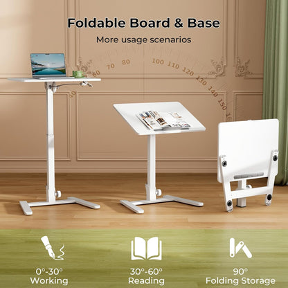 Foldable Standing Desk，Small Mobile Sit-Stand Desk with 90 Tiltable Top，Rolling Rising Laptop Workstation Adjustable Height，Portable Table on Hidden Wheels/4 Lockable Casters，White