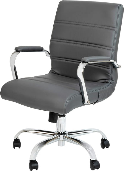 Flash Furniture Whitney Mid-Back Swivel LeatherSoft Desk Chair with Padded Seat and Armrests, Adjustable Height Padded Office Chair, Gray/Chrome