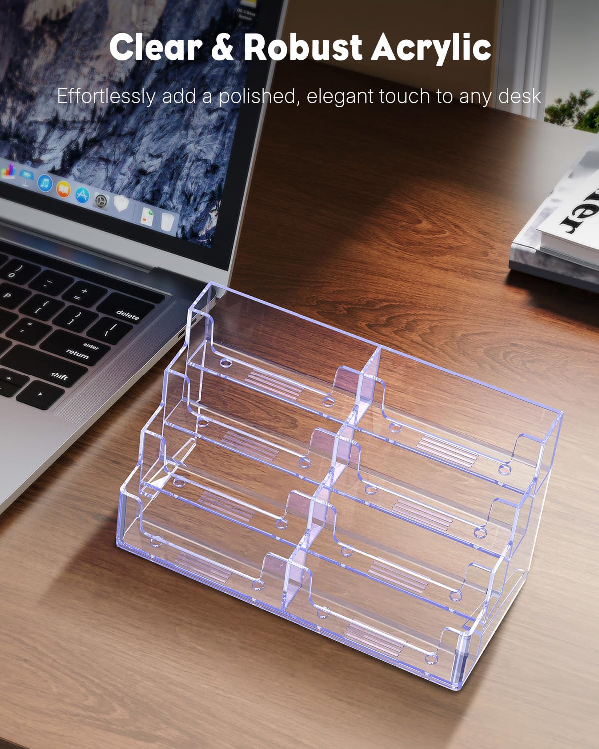 Uniclife 4 Pack Acrylic Business Card Holder for Desk 8 Slots Clear Business Card Display Stand for Men & Women Desktop Business Card Organizer Card Stand for Office Home Exhibition, 480 Card Capacity
