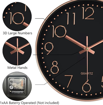 Modern Silent Wall Clock - 12 Inch Wall Clocks Battery Operated Large Number, Non-Ticking Analog Clock with Tempered Glass Quartz Clocks for Living Room Bedroom Office Kitchen, Black Rose Gold