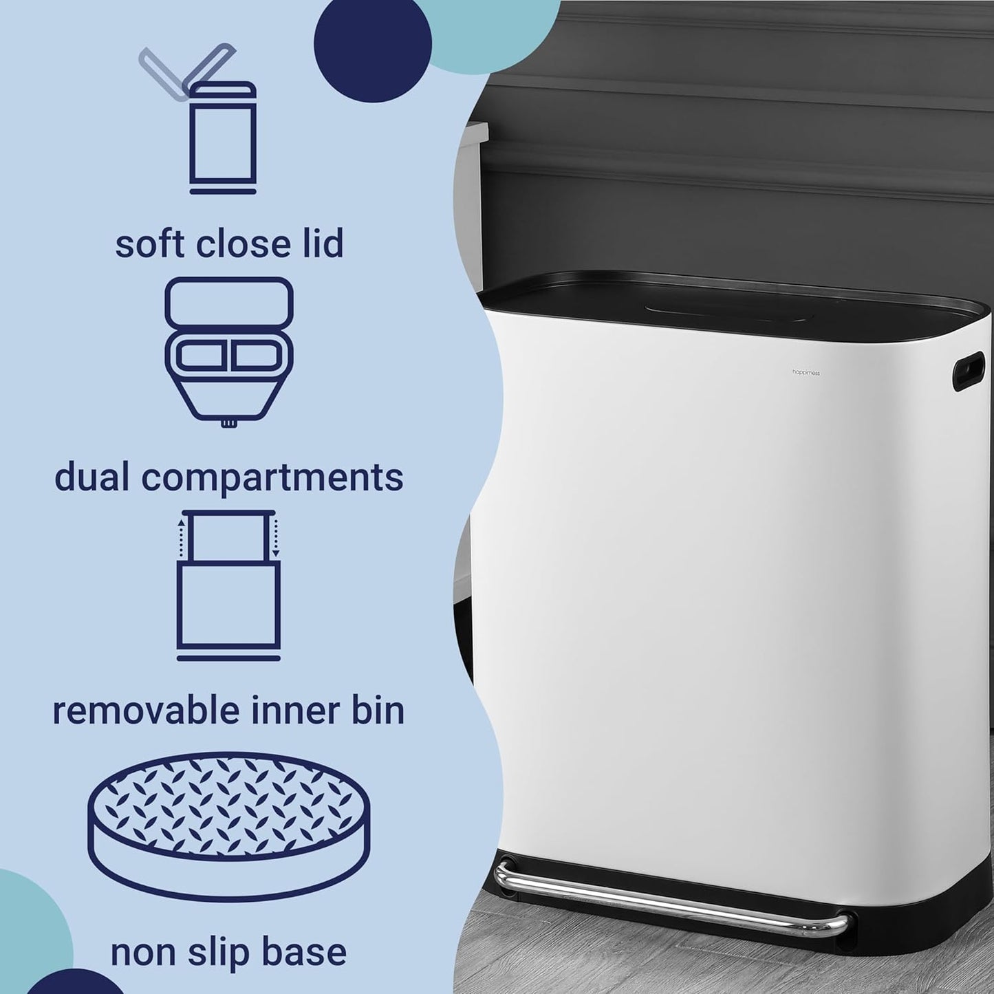 happimess HPM1014C Beni Kitchen 16-Gallon Double-Bucket Step-Open Trash Can with Soft-Close Lid, Modern, Minimalistic, Fingerprint Proof for Home, Kitchen, Laundry Room, Office, Bathroom, White