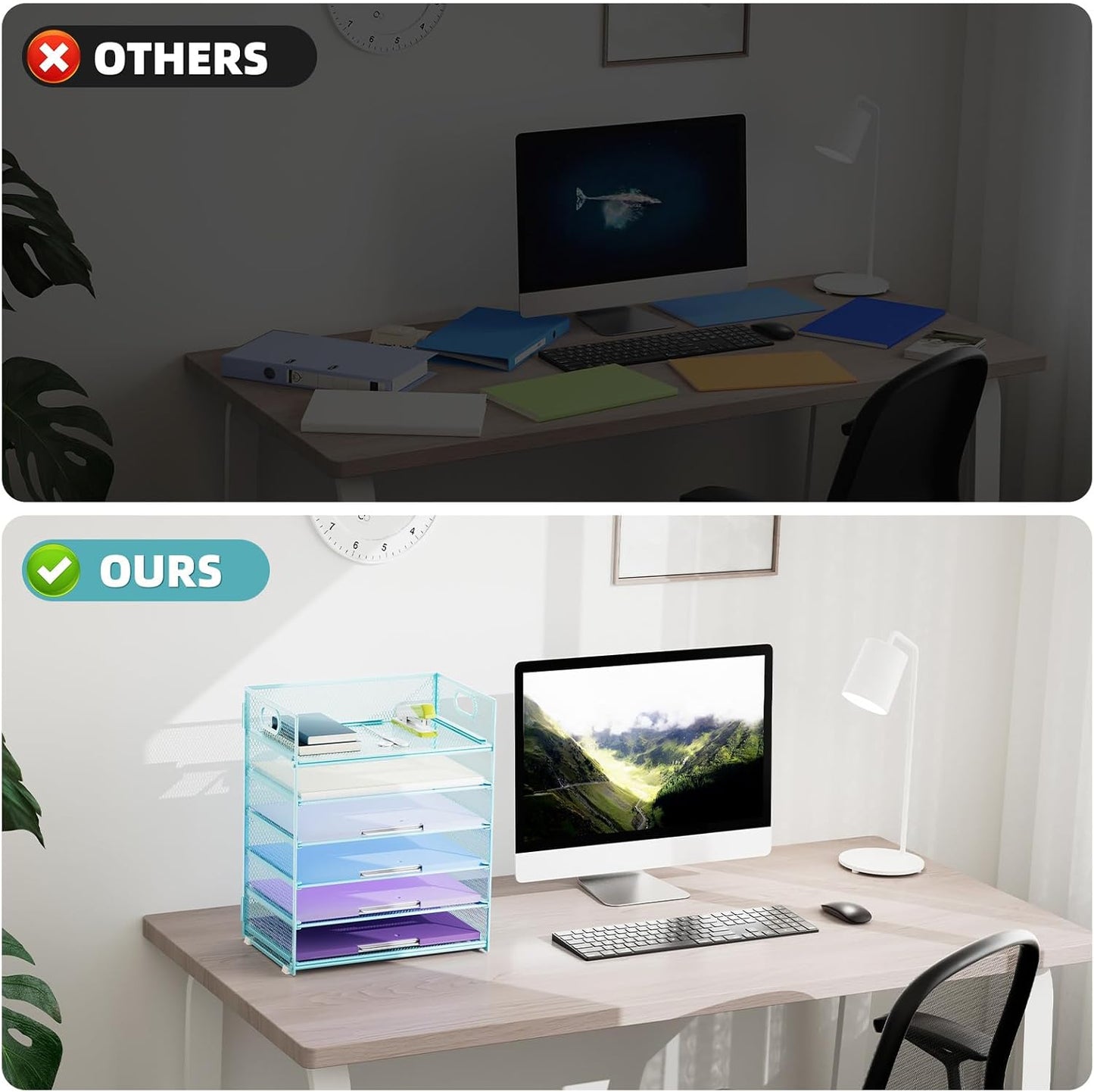 Marbrasse 6 Tier Paper Organizer Letter Tray - Mesh Desk File Organizer with Handle, Paper Sorter for Letter/A4 Office File Folder Holder -Blue