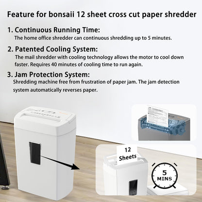 Bonsaii 12-Sheet Cross Cut Shredder, P-4 High Security Shredding, 5.5 Gal, Heavy Duty for Home Office, Shreds Paper, Credit Card, Mail, Staples, with Transparent Window, White