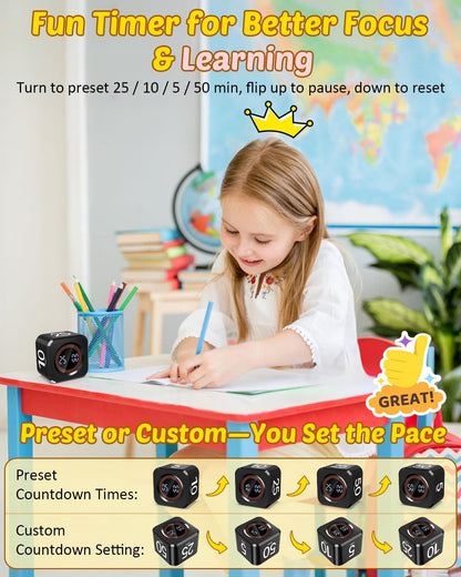 Pomodoro Timer Cube Visual Productivity Flip Timer for Kids Classroom Desk, 5/10/25/50min& Custom Countdown, Silent&Sound Mode Digital Cube for ADHD Study Work School Game Kitchen (Black)