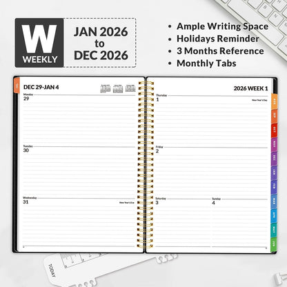 SUNEE 2026 Weekly and Monthly Planner - from January 2026 - December 2026, 8.5"x11" Daily Agenda Planner with Monthly Tab, Flexible Cover, Note Pages, Pockets, Bookmark, Spiral Binding, Black