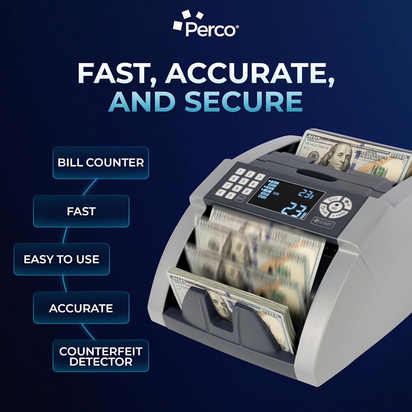 Perco Bill Counter and Counterfeit Detector Machine – Money Counter Machine with UV/MG1/MG2/IR, Voice Alerts, Keypad, Add & Batch Modes, Volume Control, Multi-Currency (USD/EUR/INR), LCD Display