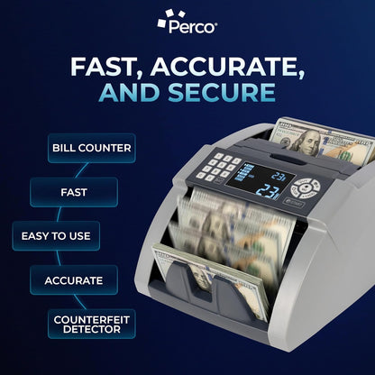 Perco Bill Counter and Counterfeit Detector Machine – Money Counter Machine with UV/MG1/MG2/IR, Voice Alerts, Keypad, Add & Batch Modes, Volume Control, Multi-Currency (USD/EUR/INR), LCD Display