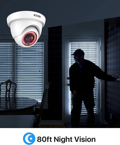 ZOSI 2.0MP HD 1080P 1920TVL Hybrid 4-in-1 TVI CVI AHD 960H CVBS CCTV Dome Security Camera Indoor Outdoor, 80ft Night Vision, IP66 Weatherproof for HD-TVI, AHD, CVI and CVBS/960H Analog DVR(White)