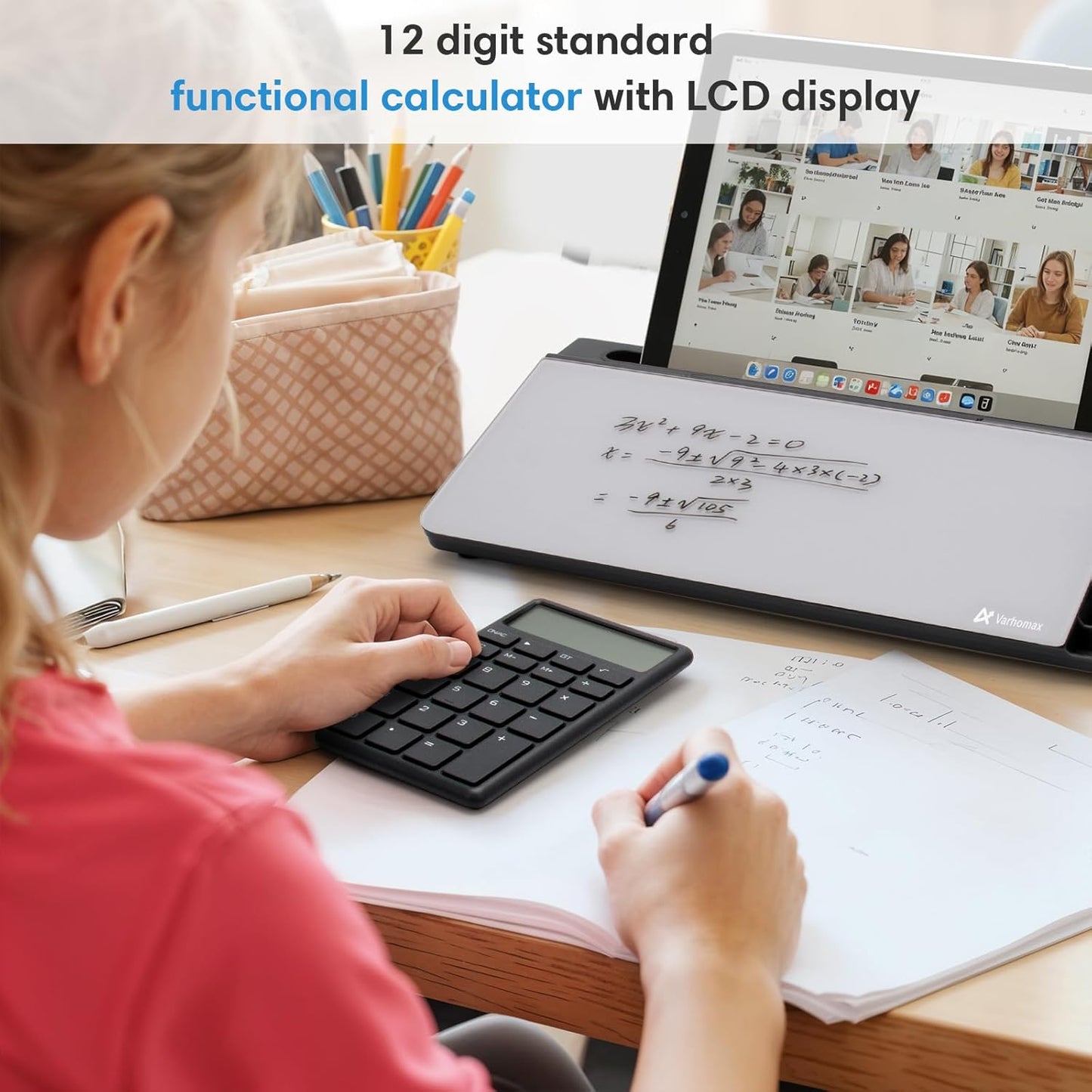 Varhomax Glass Desk Whiteboard with Calculator, Desktop Dry Erase White Board with Storage, to Do List Memo Notepad for Home and Office