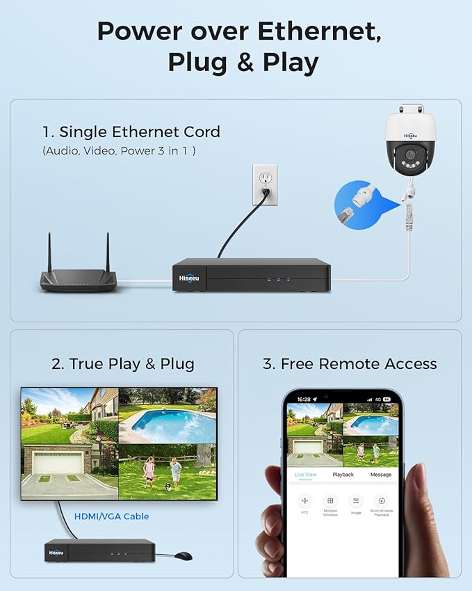 【4K HD+360°View】 Hiseeu 4K PoE Security Camera System, 6 Pcs 8MP PTZ Wired Security Camera Outdoor&Indoor, Auto Human Tracking, Free Remote Access, 2 Way Audio, Plug and Play, 2TB HDD for 7/24 Record