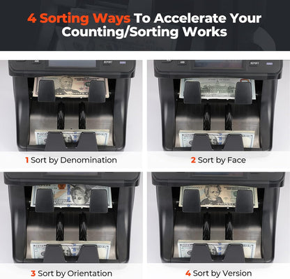 MUNBYN 2-Pocket Money Counter Machine Mixed Denomination, Money Sorter, Built-in Printer, Sort on DENOM/FACE/ORI, Value Counting, 2 CIS/UV/MG/IR Counterfeit Detection, Touch Screen, 2Y Protection