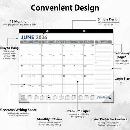 OuMuaMua Large Desk Calendar 2026-19 Months from Sep. 2025 through Mar. 2027, 22 x 17 Inches Desktop Wall Calendar with Julian Date To-do & Notes, Corner Protectors for School Home Office