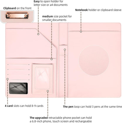 Leather Portfolio Organizer Women Clipboard with Storage Pink Clip Board for Notepad,Phone,Cards