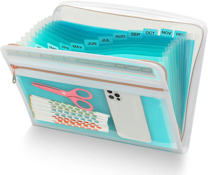 H4D 13 Pocket Expanding File Folder Organizer with Front Clear Pounch, Accordion File Organizer with Zipper Clourse, Fit for Letter Size Papers, Teal