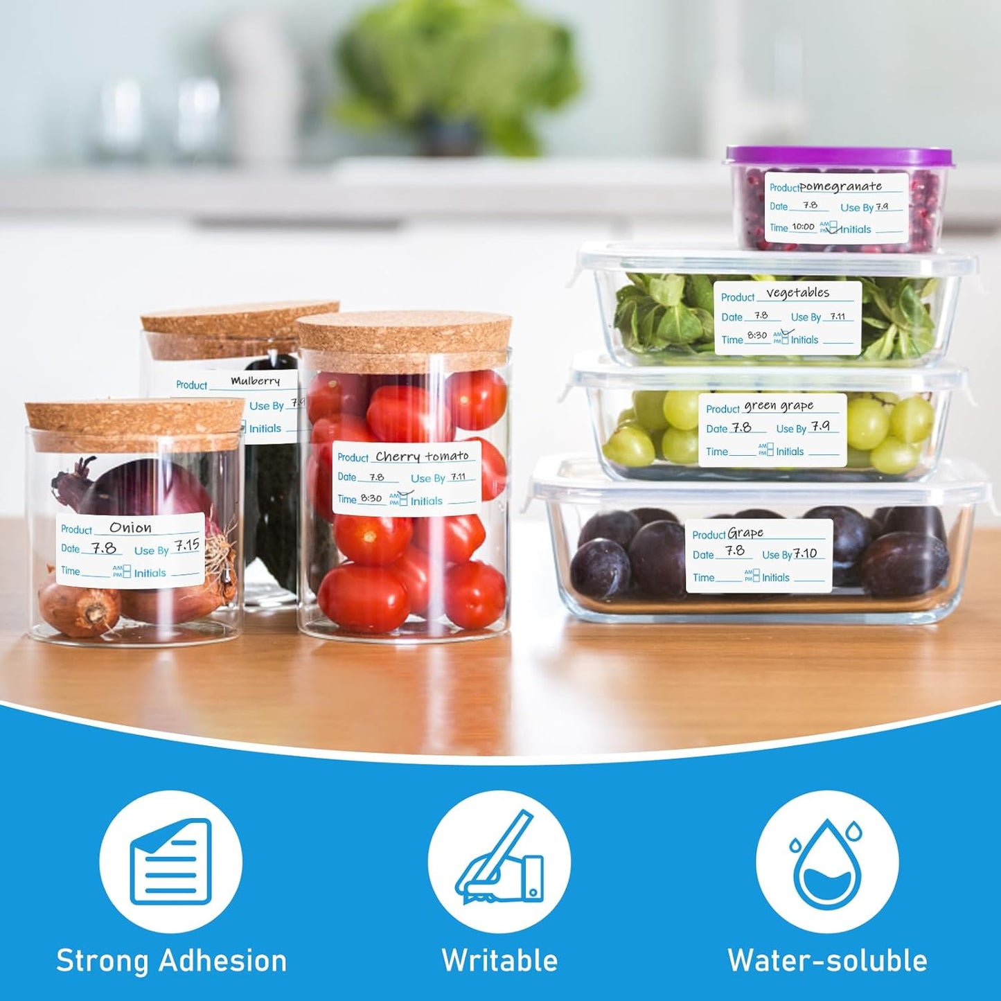 L LIKED 1x2 Inch Blue Dissolvable Food Labels - 500 Stickers,Fast Dissolving in 30 Seconds, Easy to Write On, No Residue,Dissolvable Labels for Food Containers, Storage Bins, Jars & Freezer