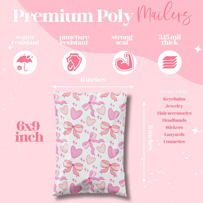 6x9 Designer Poly Mailer 100 Pack Heavy Duty Waterproof Self Seal Shipping Bags for Small Business Large Mailing Envelopes Bulk Tear Resistant Packaging Coquette Bows Hearts