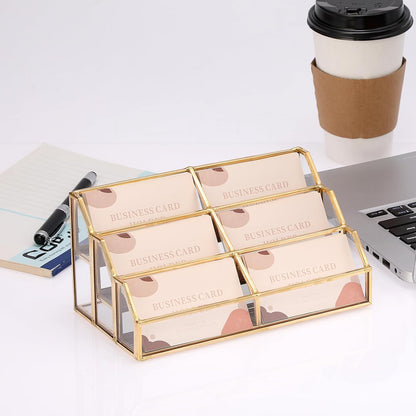 Hipiwe Gold Metal Desk Business Card Holder Glass Name Card Display Organizer 3 Tiers 6 Slot Business Card Stand for Exhibition Office Desktop