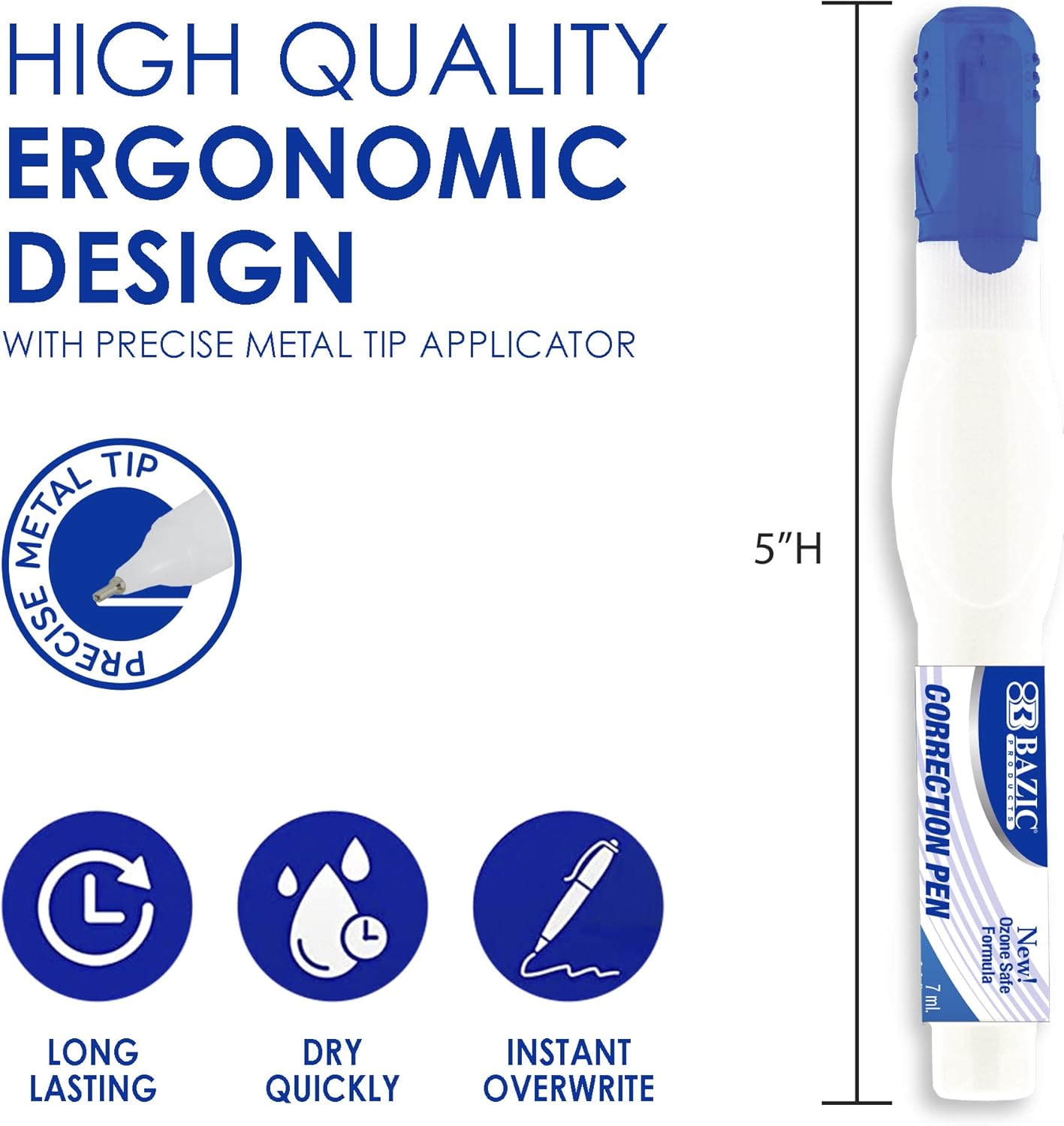 BAZIC Correction Pen, Precise Metal Tip Applicator, Fine Point Corrections Fluid, White Out Liquid (2/Pack), 144-Packs