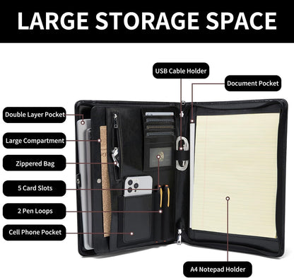 Vegan Leather Portfolio, Legal Size 8.5 x 14 Pad Holder, Business Padfolio for Men and Women, Zippered Laptop Organizer, Executive Professional Work Travel Notepad Folio, Black