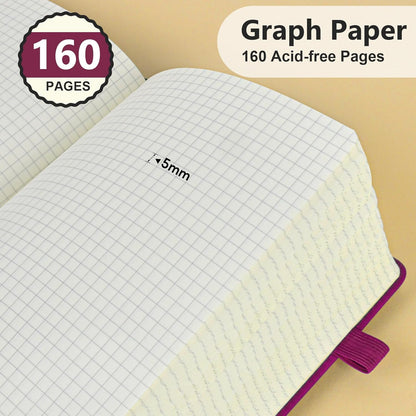 Graph Paper Notebook, 160 Pages Grid Journal for women & men, A5 Hardcover Leather Graphing Notebook for School, Work, Travel, Note Taking 5.9”x8.5” (Burgundy)