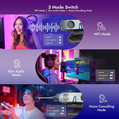 ROCWARE RC28 1080P 60FPS Webcam with Dual Microphones | Cardioid & Omnidirectional Pickup, Hi-Fi Sound, AI Noise Cancellation & Raw Audio Modes for Streaming, Video Calls & Studio-Quality Recording