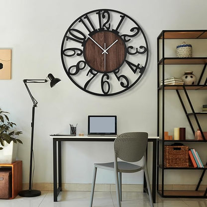 Maxstar Large Round Wall Clock for Living Room Decor Battery Operated Non Ticking Black Metal Wood Clocks for Home Living Room Garden Office Kitchen Decoration -40inch