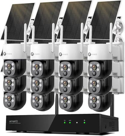 xmartO Wire-Free PTZ Solar Home Security Camera System Wireless, 12-Set 2K 4MP QHD CCTV Camera Kit with 4k 16CH Expandable Wi-Fi 6 NVR, All-Weather Solar Charge