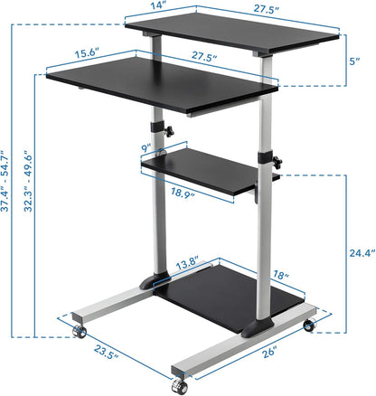 Mount-It! Rolling Desk Adjustable Height up to 54.7", Portable Standing Desk for Laptop or Podium Stand with Wheels, Mobile Roller Presentation Cart, Computer Work Station 27.5" Wide, Locking Wheels