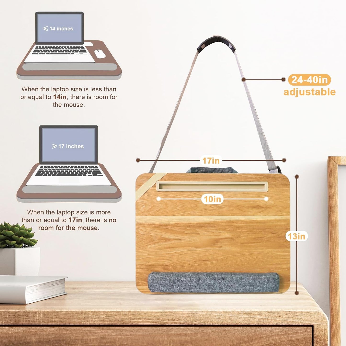 Lap Desk for Laptop Stand with Cushion, Adults with Storage Fits Up to 15.6in, Combines Features Bag and Pillow Table by Travel, Portable Workstation for Home College Office(Light Brown)